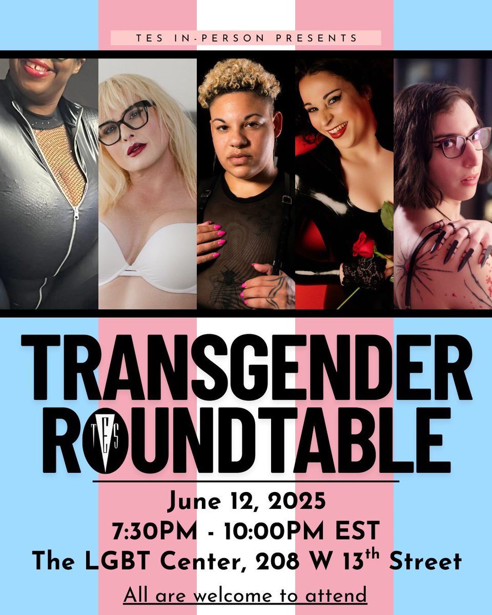 Join TES for a Transgender Roundtable this Pride Month!
Hear from trans BDSM players &amp; professionals on safety, community, &amp; transformation. Thurs, June 12th, 7:30-10 PM at the LGBT Center. Your support is vital for collective liberation. #Pride #Transgender