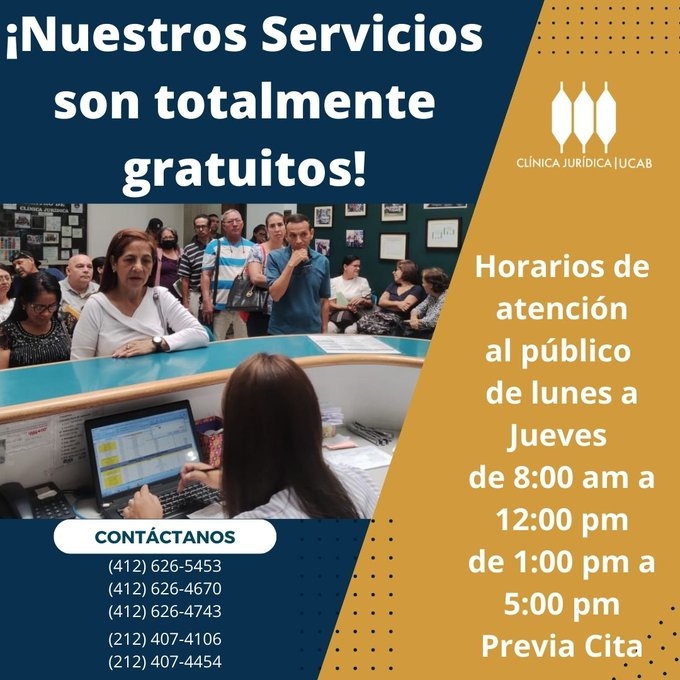 Extensión Social UCAB (@extsocialucab) on Twitter photo Te recordamos que en <a href="/CJuridicaUCAB/">Clínica Jurídica UCAB</a> puedes solicitar servicios legales completamente gratuitos.
Pide una cita por teléfono y consigue asesoría legal de calidad 📲🧑⚖️ Te recordamos que en <a href="/CJuridicaUCAB/">Clínica Jurídica UCAB</a> puedes solicitar servicios legales completamente gratuitos.
Pide una cita por teléfono y consigue asesoría legal de calidad 📲🧑⚖️