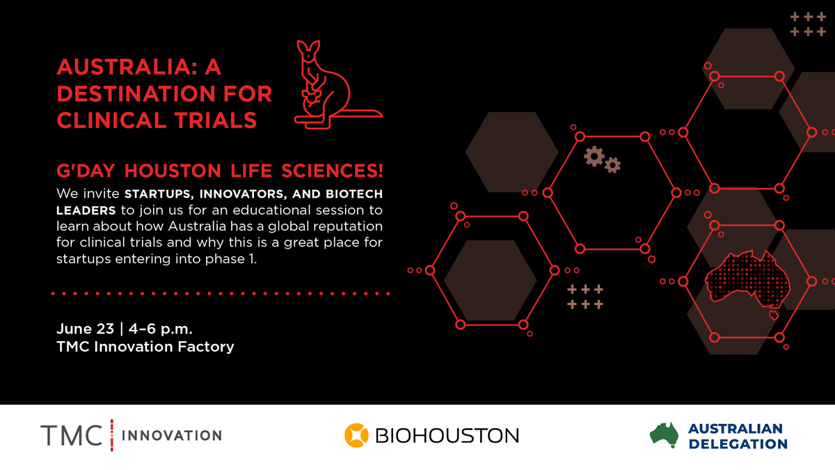 TMCInnovation's tweet image. Join TMC Innovation & BioHouston on June 23 from 4-6 pm for a session on "Australia: A Destination for Clinical Trials." Learn why Australia is a key destination for Phase I trials.
Register here: eventbrite.com/e/australia-a-…