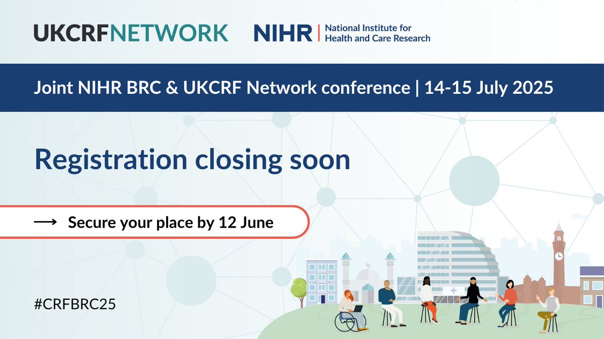 It's not too late to join us for the Joint NIHR BRC &amp; UKCRF Network Conference!

Event Theme: Co-create to translate: achieving impact through collaboration   

🗓️14th - 15th July 2025  The ICC, Birmingham.

 Registration closing shortly nihr.eventscase.com/attendance/eve…… 

#CRFBRC25