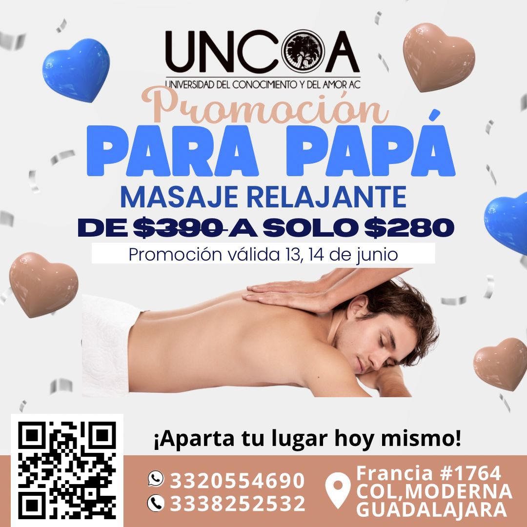 Uncoa's tweet photo. ✨🎁 ¡Consentimos a papá en su día! 🎁✨

En UNCOA tenemos una promo especial para él:
💆‍♂️ Masaje relajante de $390 a solo $280
📅 Válido solo el 13 y 14 de junio

¡Un momento de descanso y bienestar que papá se merece!

📍Francia #1764, Col. Moderna, Guadalajara https://t.co/lJs1XWC406