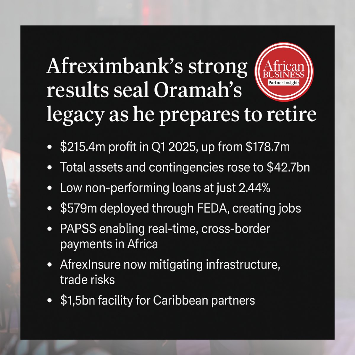 AB Partner Insights (@insights_ab) on Twitter photo 💡 $215.4m Q1 profit
🌍 $42.7bn in assets & contingencies
📦 $1.5bn committed to the Caribbean
🔁 $565m deployed through FEDA in 2024
Oramah’s decade at Afreximbank leaves a deep continental footprint.
Full story:
african.business/2025/05/financ…
<a href="/AfricanBizMag/">African Business</a>
#TradeFinance #Africa 💡 $215.4m Q1 profit
🌍 $42.7bn in assets & contingencies
📦 $1.5bn committed to the Caribbean
🔁 $565m deployed through FEDA in 2024
Oramah’s decade at Afreximbank leaves a deep continental footprint.
Full story:
african.business/2025/05/financ…
<a href="/AfricanBizMag/">African Business</a>
#TradeFinance #Africa