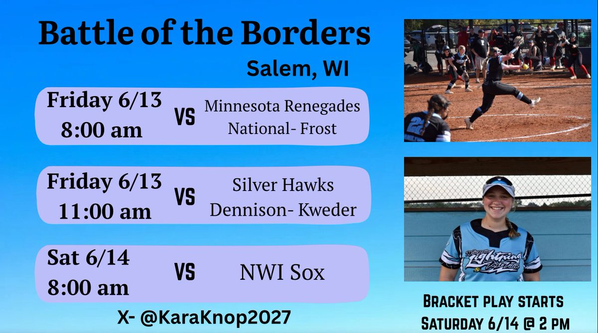 Kara Knop (@karaknop2027) on Twitter photo I can’t wait to be back on the field with my <a href="/wilightning08/">Wisconsin Lightning 2008</a> teammates for our first tournament back from high school season. We will be at Battle of the Borders, at Salem Grade School, in Salem, WI. ⚡️🩵 <a href="/WI_LightningSB/">WI Lightning SB</a> <a href="/HarvardD50/">Harvard CUSD 50</a> I can’t wait to be back on the field with my <a href="/wilightning08/">Wisconsin Lightning 2008</a> teammates for our first tournament back from high school season. We will be at Battle of the Borders, at Salem Grade School, in Salem, WI. ⚡️🩵 <a href="/WI_LightningSB/">WI Lightning SB</a> <a href="/HarvardD50/">Harvard CUSD 50</a>