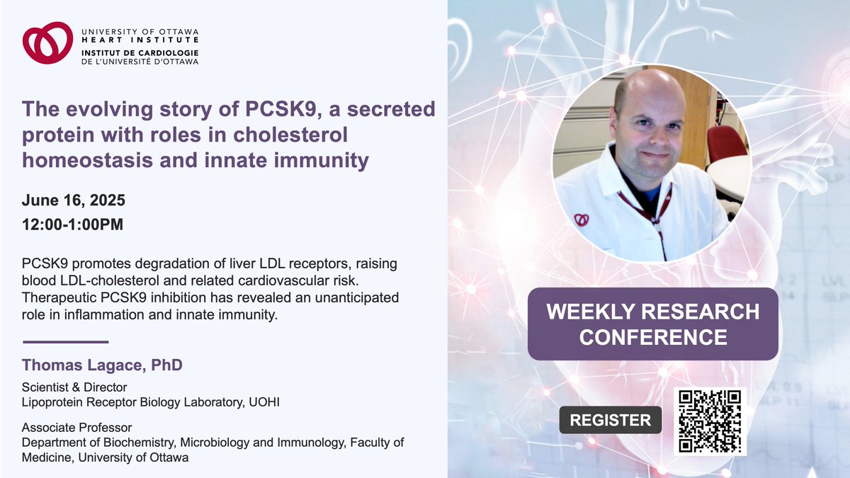 HeartInstitute's tweet image. Join us for the upcoming Weekly Research Conference, featuring Thomas Lagace, PhD.
📅 Monday, June 16
⏰ 12:00 EDT
👉 Register now: ow.ly/HG5O50W6iAc