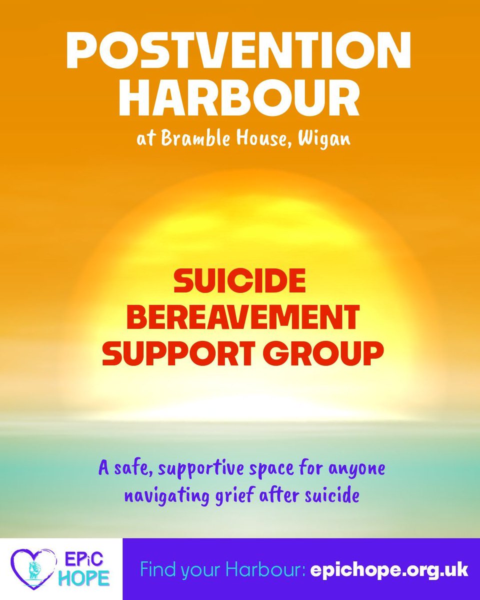 💜 Join us at tonight our Postvention Harbour 💜 

If you've lost someone to suicide, you're not alone.  

📍 Bramble House, Broom Road, Worsley Hall, Wigan, WN5 9QE 
 🕰️ Every 2nd and 4th Monday of the month | 6pm – 8.30pm
