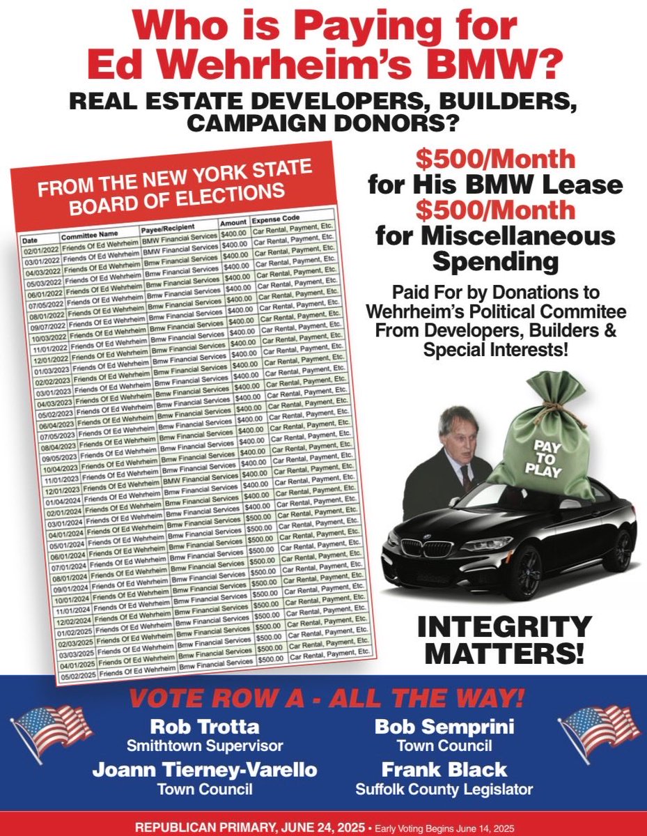 Paying for a BMW with campaign contributions from developers and then granting zone changes and looking the other way on serious code violations isn’t something a Town Supervisor should be doing .. Stay Tuned..