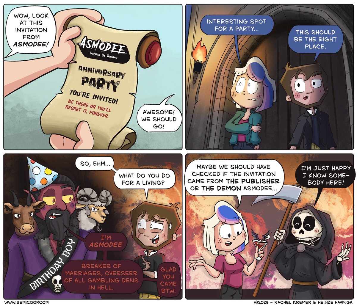 semicoop's tweet image. New comic! When Asmodee invites you to a party… Just double-check who the invitation is from. 😬 Happy anniversary, Asmodee!
You can read this week’s blog post at
semicoop.com/comic/hell-of-…