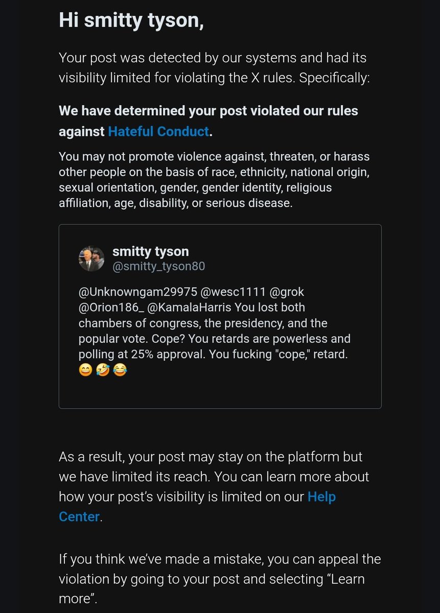 Here we go with this bullshit again. Censorship at its finest. Hateful conduct? Kiss my ass. This platform is shit, and it's owner is a cry baby cuckold bitch. 🖕. Fuck X and Elon.