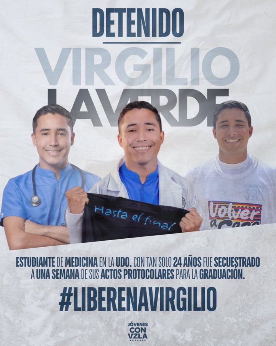 Virgilio Laverde es mi amigo, un joven valioso y médico graduado, hoy secuestrado por la tiranía de Nicolás Maduro.

Su lucha por #Venezuela nace del corazón. No lo olvidamos. ¡Libertad para él y para todos los presos políticos!