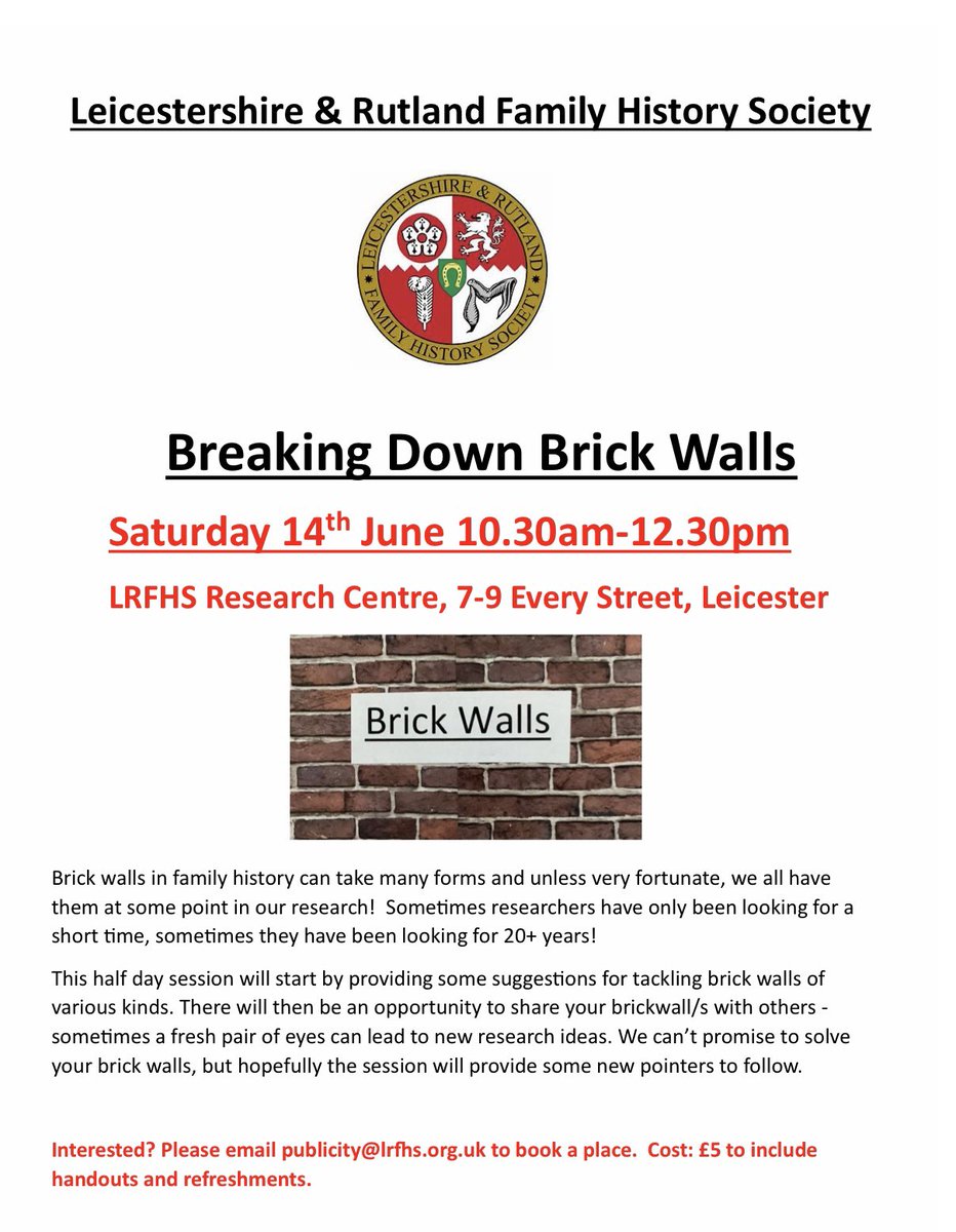 LeicsRutFHS (@leicsrutfhs) on Twitter photo Still some places left…
Interesting ? Please email Sue on publicity@lrfhs.org.uk to book a place. Non members very welcome. Still some places left…
Interesting ? Please email Sue on publicity@lrfhs.org.uk to book a place. Non members very welcome.