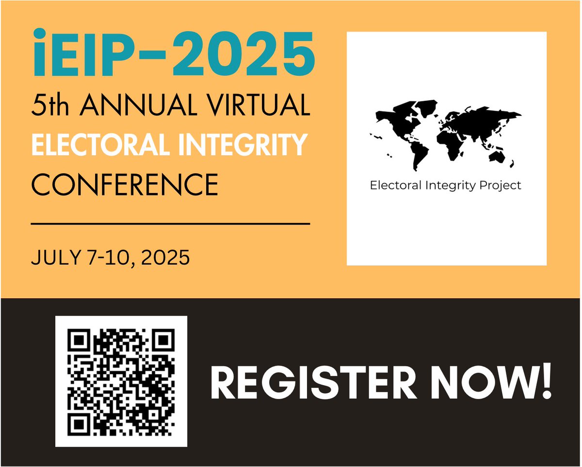Registration is open for the 5th Annual Virtual Electoral Integrity Conference – iEIP2025!

 July 7–10, 2025 | Online | Free to attend

Join a global community exploring elections through the lenses of contestation, deliberation, participation, and electoral justice.