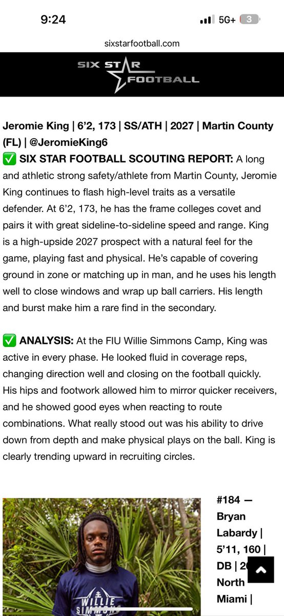 Jeromie King (@jeromieking6) on Twitter photo Thank you <a href="/sixstarfootball/">Six Star Football | PLUS+</a> for the paragraph review of me at FIU Camp <a href="/CountyTigers_fb/">Martin County High School Football</a> <a href="/BrickByBrick_36/">Coach Marquis Johnson</a> <a href="/MathisGaius/">Gaius D. Mathis</a> <a href="/CoachMattina/">Coach Alex Mattina</a> <a href="/kimberrylubin/">TheRealCoachLubin</a> <a href="/A_Gaitor/">Anthony Gaitor</a> Thank you <a href="/sixstarfootball/">Six Star Football | PLUS+</a> for the paragraph review of me at FIU Camp <a href="/CountyTigers_fb/">Martin County High School Football</a> <a href="/BrickByBrick_36/">Coach Marquis Johnson</a> <a href="/MathisGaius/">Gaius D. Mathis</a> <a href="/CoachMattina/">Coach Alex Mattina</a> <a href="/kimberrylubin/">TheRealCoachLubin</a> <a href="/A_Gaitor/">Anthony Gaitor</a>
