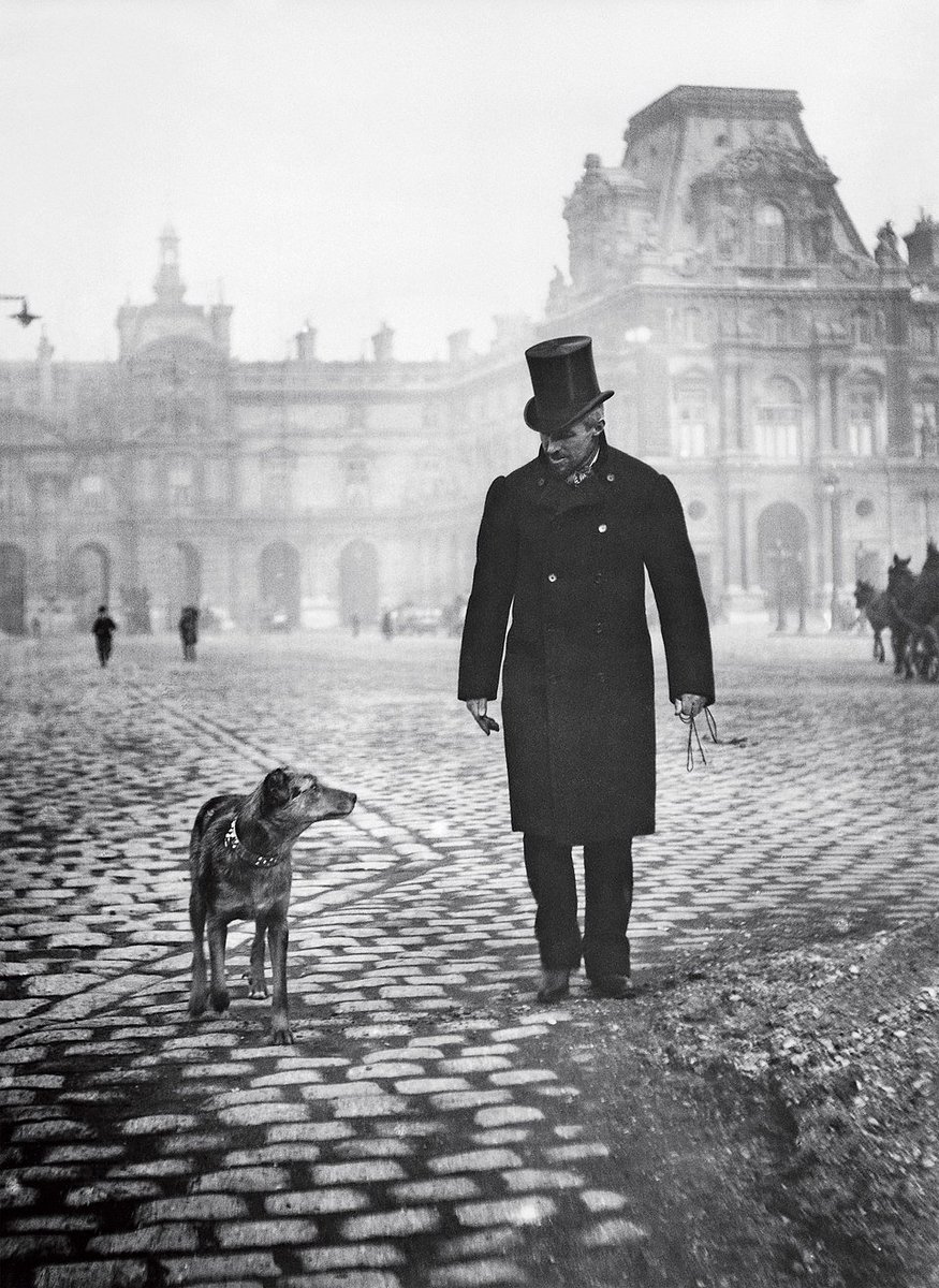 For a misty gray day in Brooklyn, misty gray Paris: Gustave Caillebotte and his dog, Bergère, at the Place du Caroussel, 1892. Photo by his brother, Martial Caillebotte.