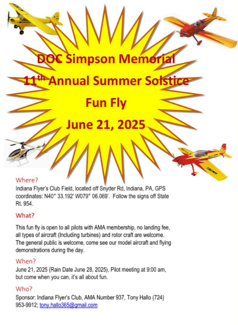 Indiana Flyer's Club fun fly is open to the public on Saturday, June 21st - come see the model aircraft and flying demonstrations during the day! Field is located off Snyder Rd in Indiana.
edl.io/n2079581