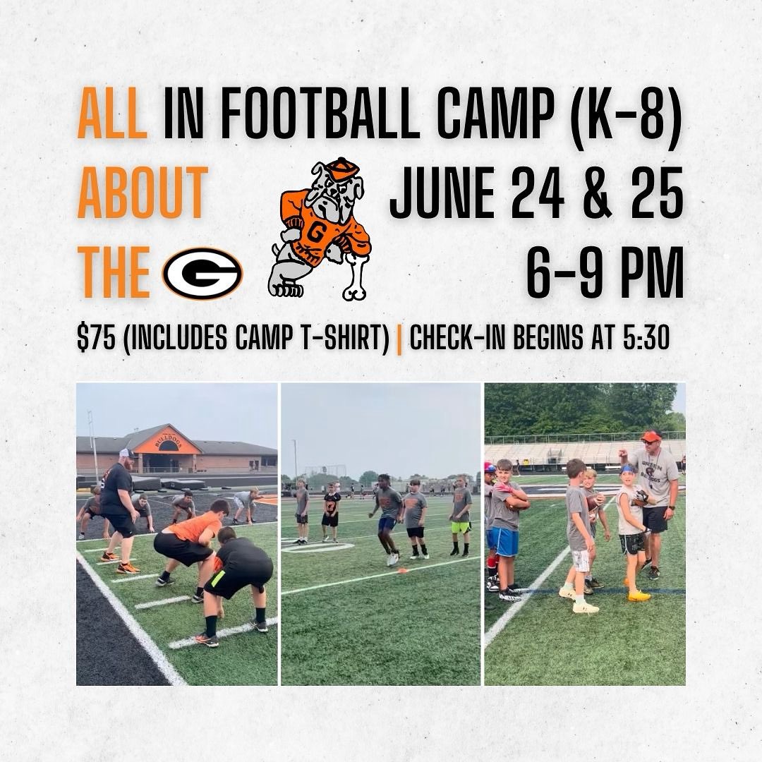 We are just weeks away from our annual All In Football Camp! Our coaching staff and players welcome you to two nights under the lights for activities designed to improve fundamental and position-specific skills. Register today online at the link in our bio! 

#AllAboutTheG