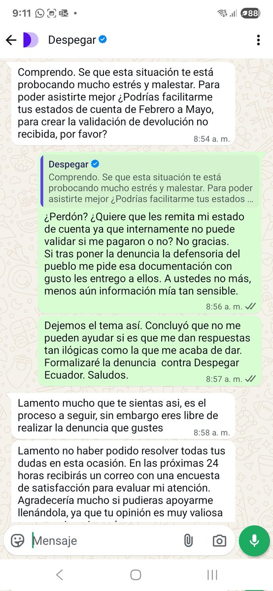 omarptobar's tweet photo. @DespegarEc @DEFENSORIAEC @Despegar Solo para resaltar su ineficiencia @DespegarEc @Despegar. Hoy volvi a preguntarles sobre mi devolución,  y me contestan, en resumen, que no tienen idea si ya la hicieron y que les remita mi estado de cuenta para validar 😅.  ¿En serio quieren que les remita información delicada? https://t.co/LimdEKc98v