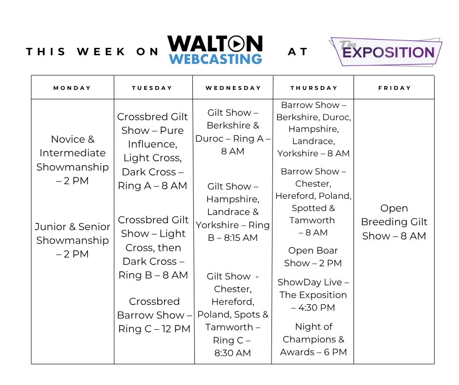Coverage of the 2025 National Junior Swine Association The Exposition begins at 2:00 PM ET with the showmanship competition! View the full schedule of this week's coverage below, and don't miss a single class by tuning in on our website.
🔗 waltonwebcasting.com/upcoming-event…