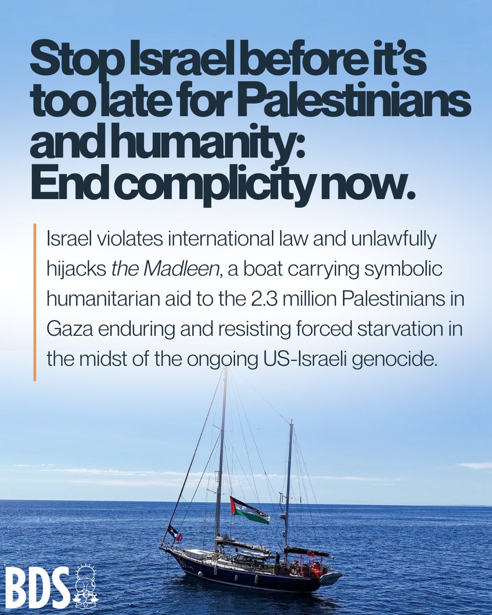Israel violates international law and unlawfully hijacks the Madleen, a boat carrying symbolic humanitarian aid to the 2.3 million Palestinians in Gaza enduring and resisting forced starvation in the midst of the ongoing US-Israeli genocide.

loom.ly/W4ut5G4