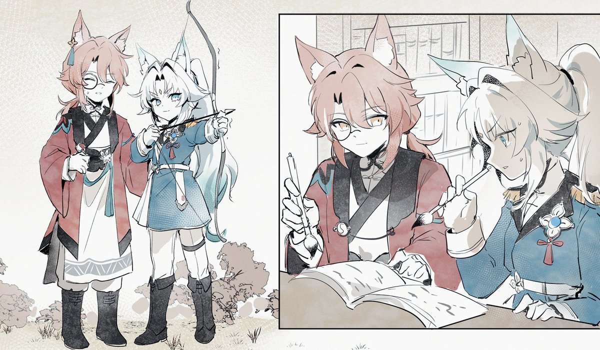 #jiaofei 
两只毛茸茸小狐
小飞教小椒射箭，小椒教小飞写字