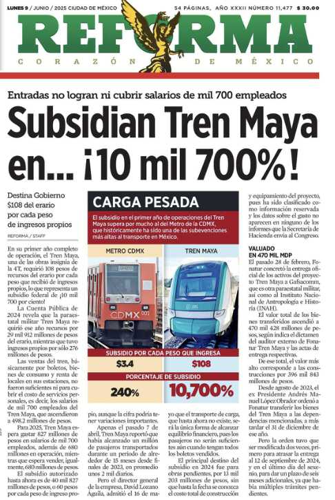 porktendencia's tweet photo. "Tren Maya":
Por la portada de @Reforma. https://t.co/x6HjYhdUic