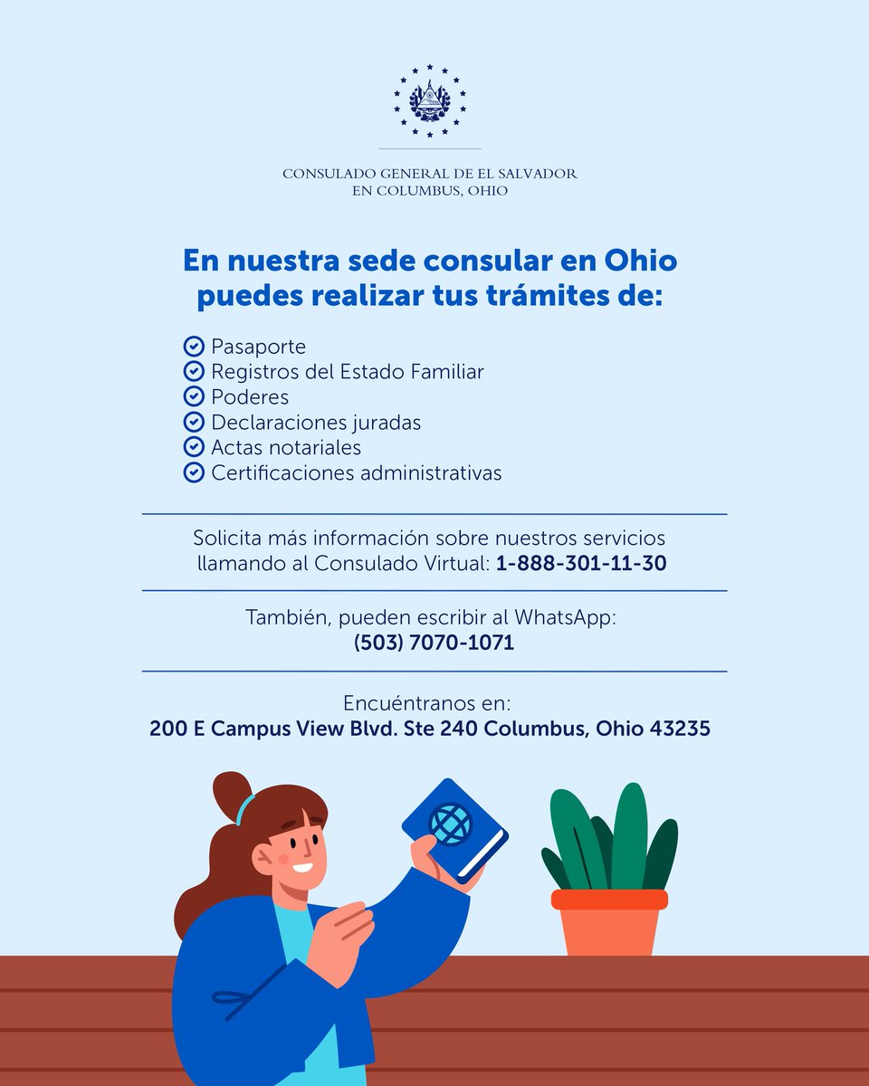 Solicita tus documentos en un solo lugar. 😉

En nuestro consulado en Columbus, Ohio, puedes realizar trámites como:
✅ Pasaporte
✅ Registros del Estado Familiar
✅ Poderes
✅ Declaraciones juradas
✅ Actas notariales
✅ Certificaciones administrativas

Más información. 👇
