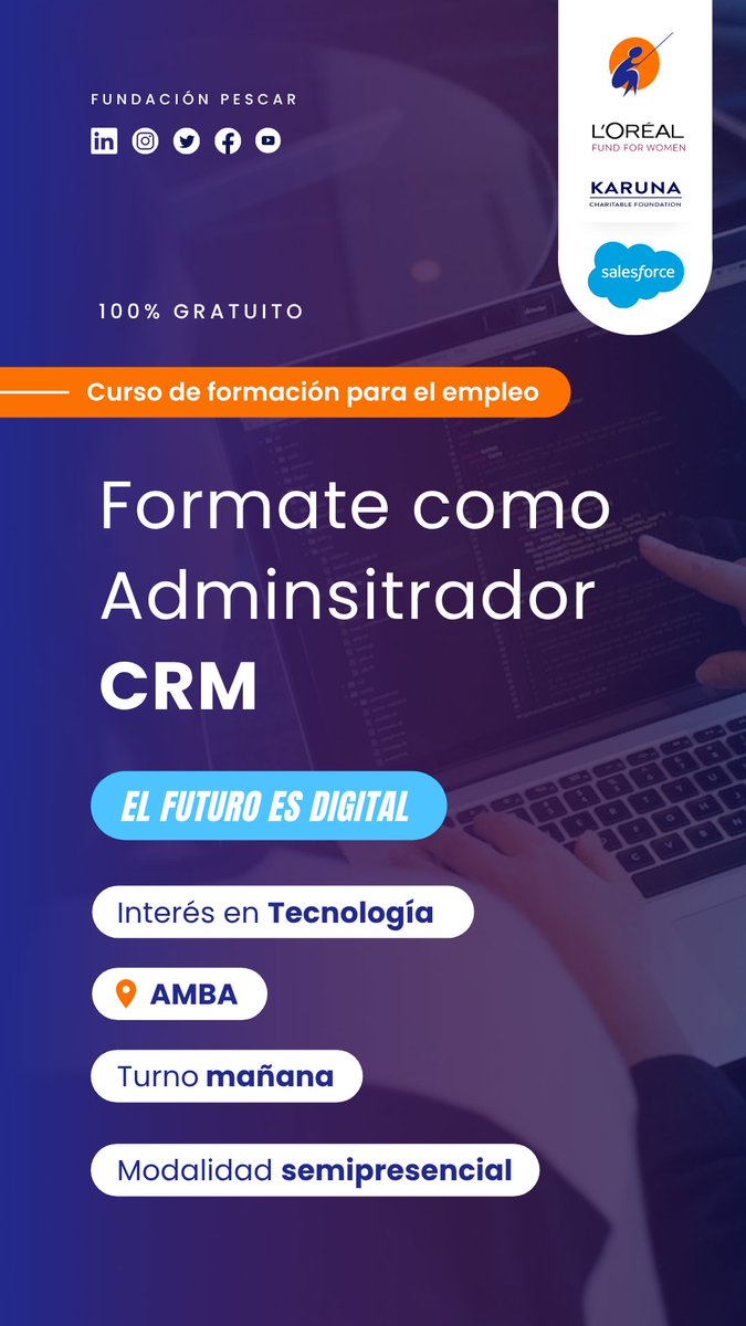 📞 ¿Te interesa el mundo de la atención al cliente y la tecnología?
Capacitate gratis en CRM, una herramienta clave en empresas de todo el mundo 🌍
📲 Postulate acá: forms.pescar.org.ar/preinscripcion…
#CRM #CapacitaciónGratis #EmpleoJoven