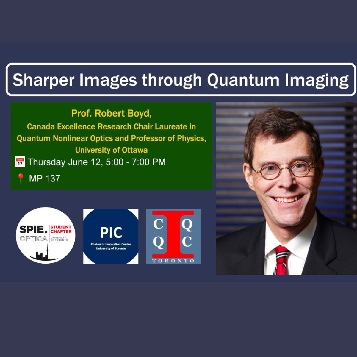 Have you marked your calendars for this talk? Prof. Robert Boyd will  describe several different recent examples of advances in the field of  quantum imaging. Join him this Thursday at 5:00 p.m. For more  information, including the abstract, check here: physics.utoronto.ca/research/quant…