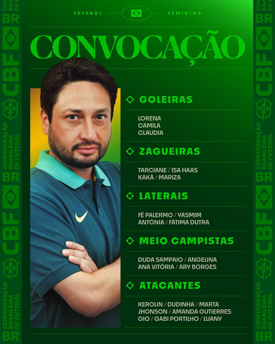 🇧🇷 CONVOCADAS!

As atletas que vão representar o Brasil estão definidas! 💚💛

Nossa Seleção entra em campo na França, no dia 27/06, em amistoso contra as donas da casa em Grenoble, e já se prepara para a Copa América Feminina 2025!