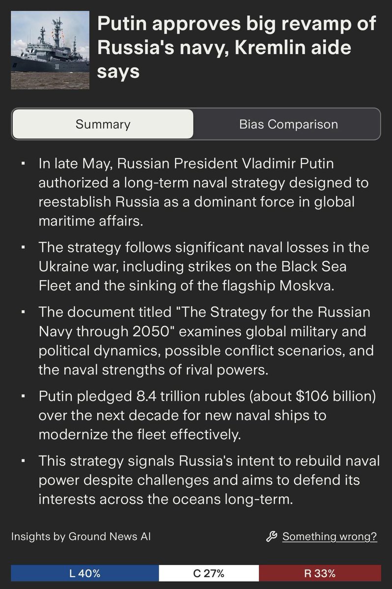 Putin designates new Russian navy as exclusively submarine fleet so he can count the vessels at the bottom of the Black Sea. 

Seriously though, the bunker dwarf is entirely delusional. You can’t “reestablish Russia as a dominant force in maritime affairs” because it never was