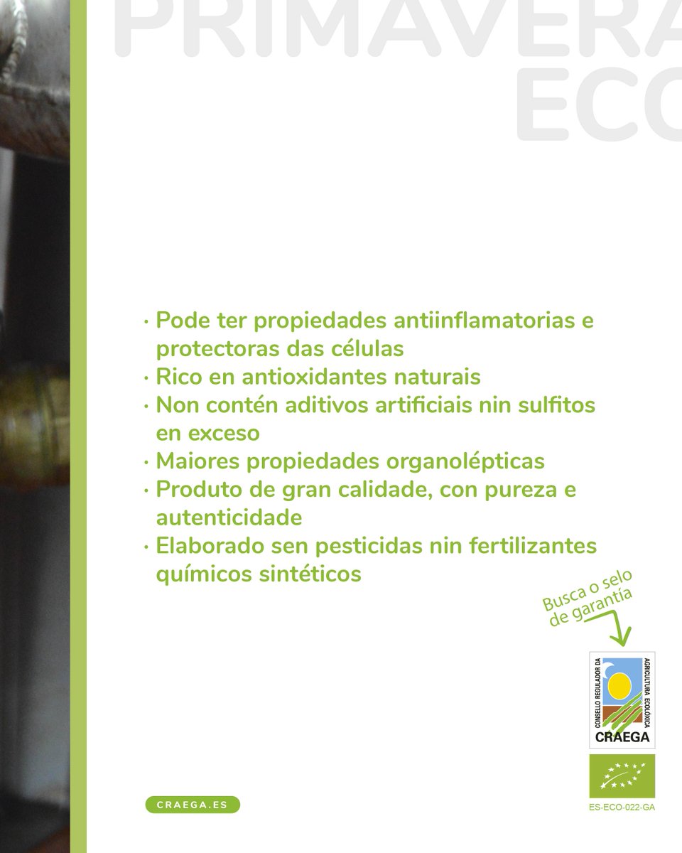 🍇🌿 𝗩𝗶𝗻̃𝗼 𝗲𝗰𝗼𝗹𝗼́𝘅𝗶𝗰𝗼: 𝘀𝗮𝗯𝗼𝗿 𝗲 𝘀𝗮𝘂́𝗱𝗲! 🍷🌍

O viño ecolóxico é un brinde á natureza e á túa saúde. Iso si, sempre con moderación! 🌱✨

Ideal para as túas ceas especiais… e para un futuro máis sostible. Busca o selo do Craega e escolle viño eco ✅🍃