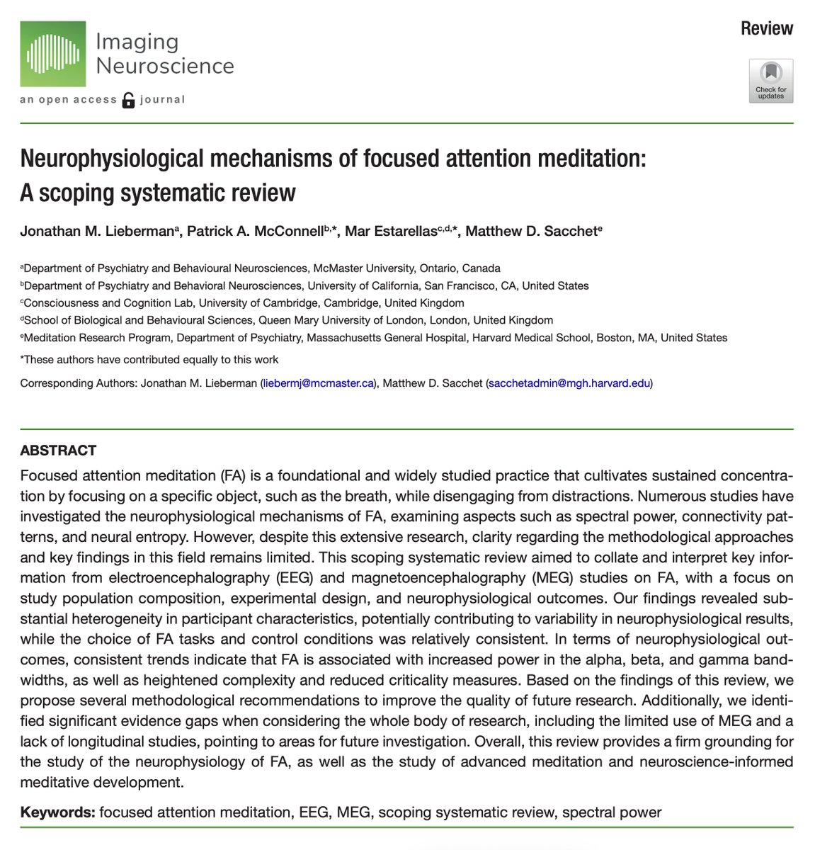 MatthewSacchet's tweet image. What does neuroscience really know about focused attention meditation? And what’s next?
Focused attention meditation (FA) is a class of practice involving intentionally directing attention to a single object, such as the breath or bodily sensations, while consistently bringing…