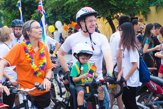 📸"Viet Pride ride in Hanoi, Vietnam, 2017. Dutch ambassador, Amb. Ted Osius, son TABO on bike.”