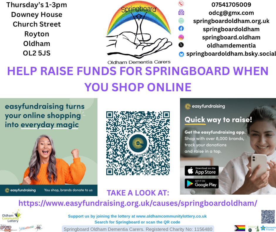 You can raise FREE donations for Springboard Oldham Dementia Carers EVERY time you shop online. 

Just use #easyfundraising! Over 8,000 retailers will donate, 

Please support us by joining up at buff.ly/6heGVfb

#Oldham #Dementia #Carers
#Fundraising