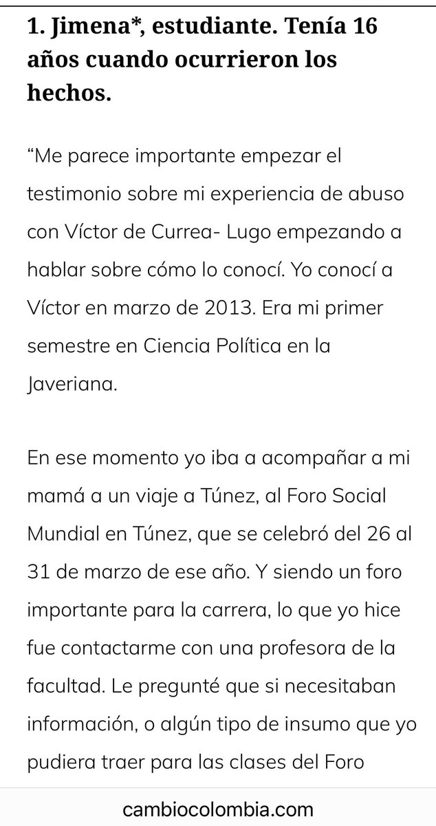 <a href="/MarnIris/">Iris Marín Ortiz</a> #NoesHoradeCallar Un testimonio muy perturbador: una joven menor de edad cuya madre confió en él como mentor. La entonces niña se salvó porque logró huir de la emboscada. Me uno a petición <a href="/DefensoriaCol/">Defensoría del Pueblo</a> desistir del  nombramiento de Víctor <a href="/DeCurreaLugo/">Víctor De CurreaLugo</a> cambiocolombia.com/genero/los-tes…