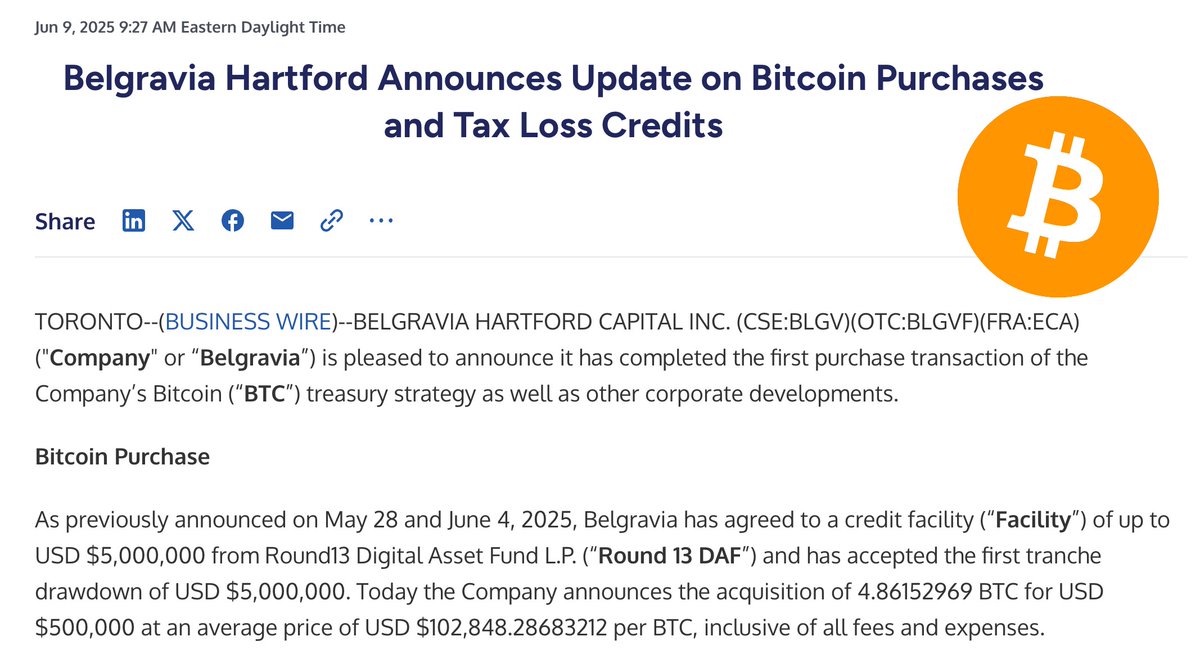JUST IN: Publicly traded investment holding company Belgravia Hartford  announces its first Bitcoin purchase for its reserves 🙌