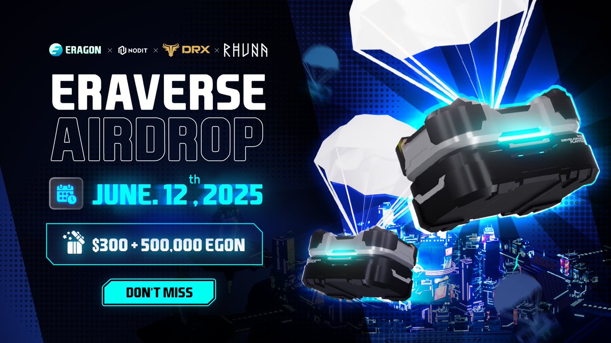 🪂 Drop the Party, Grab $300 + 500,000 EGON Inside

The wait is finally over!

<a href="/Eragon_gg/">ERAGON</a>  x <a href="/NoditPlatform/">NODIT l Get Started For Free 💻</a>  x <a href="/DRXTokenGlobal/">DRX Token</a>  x <a href="/RhunaIO/">Rhuna</a>  are bringing the heat with an epic Airdrop Party on June 12!🎉

💸 Prize Pool: $300 + 500,000 EGON
🌳 Where: eragon.gg/eraverse/home

🔥 3