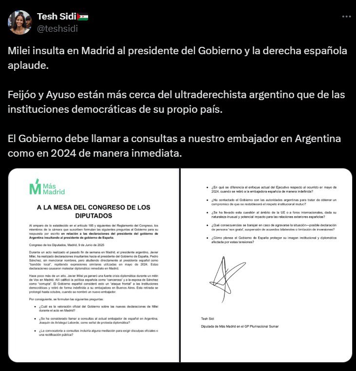 Milei insultó a Sánchez con palabras pero Sánchez insultó al pueblo saharaui con hechos 
defender a un presidente que vendió nuestra causa no honra a nadie
La democracia no se mide por aplausos ni por cargos, sino por principios
<a href="/teshsidi/">Tesh Sidi🇪🇭</a> 
#SáharaLibre #SánchezTraidor