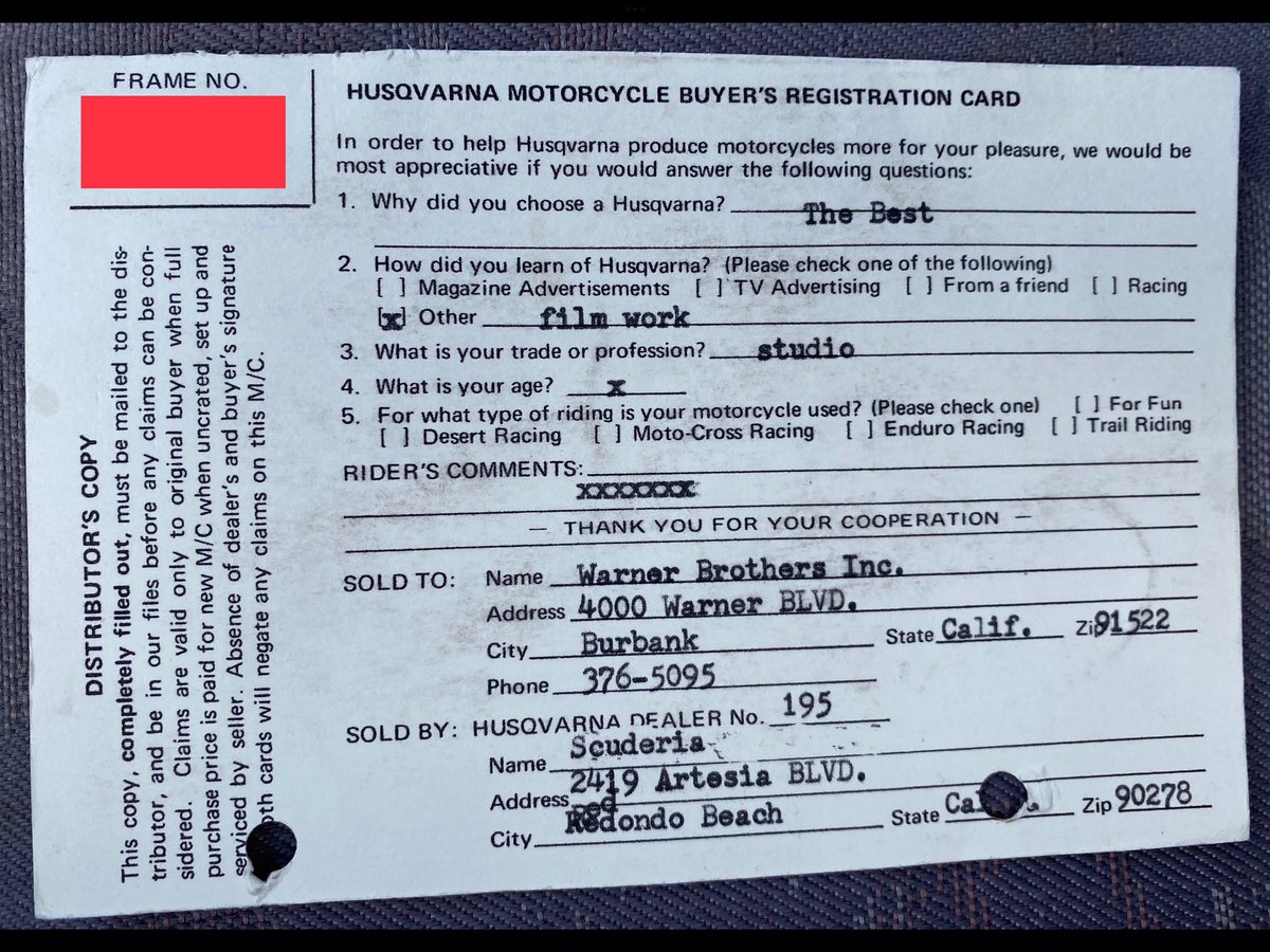 Back at base it looks like our airfield hack has some film provenance. Originally sold to Warner Bros, Burbank, California in March ‘71. Now I need to watch the entire ‘72 WB output to try and find it!  #husky #husqvarna