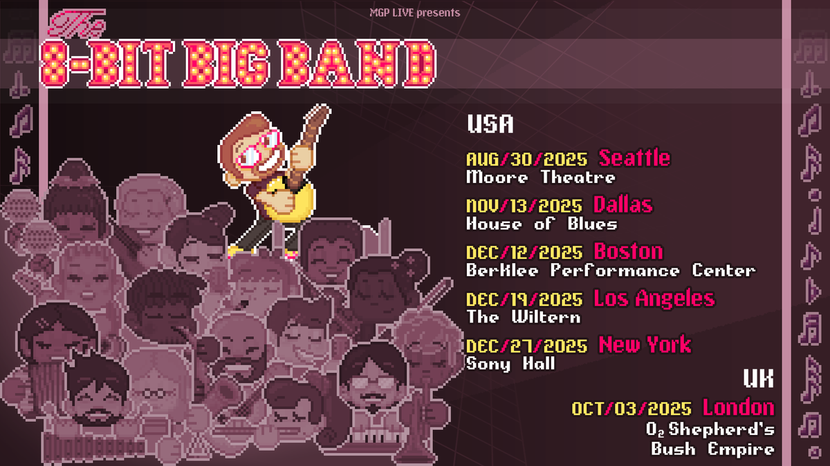 🎷TOUR ANNOUNCE!🎮
The 8-Bit Big Band hits the road in 2025:
📍Seattle | London 🇬🇧 | Dallas | Boston | LA | NYC
🎟️ Presale: June 11 | On Sale: June 13
💌 Sign up now for early access: mgplive.com/the-8-bit-big-…
#8BitBigBand #GameMusicLive #WorldTour2025