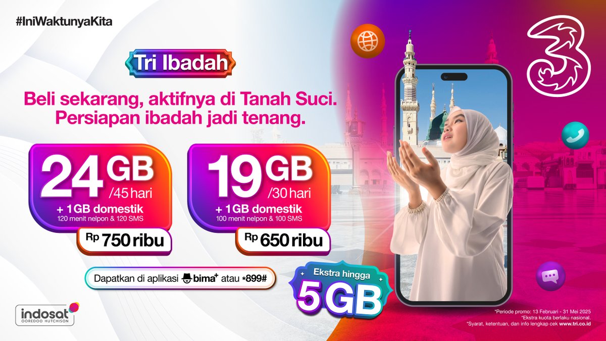 Prepare buat ibadah haji tuh susah-susah gampang...

Tapi, emang harus bikin list yang pasti penting buat di Tanah Suci.

Ya, termasuk kebutuhan roaming TRI Ibadah, biar sinyal aman dan tetap terhubung meski lagi ibadah haji. 

Dannnn, enaknnyaaa tuh gak perluu ribet gonta-ganti