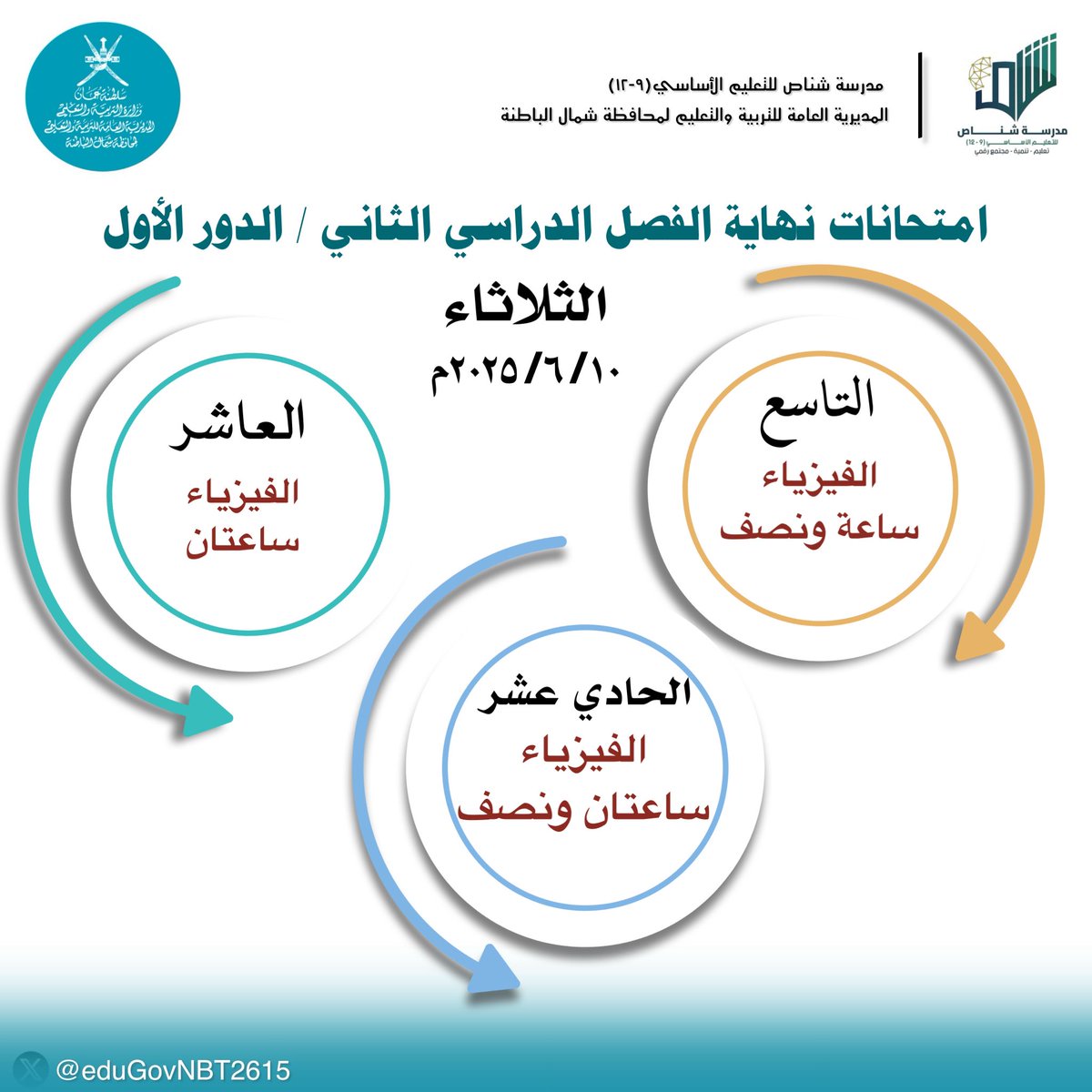 امتحانات نهاية الفصل الدراسي الثاني / الدور الأول
 الثلاثاء  ١٠ /٦ /٢٠٢٥م.
#تعليم_مستدام 
#فعاليات_تعليمية_شمال_الباطنة