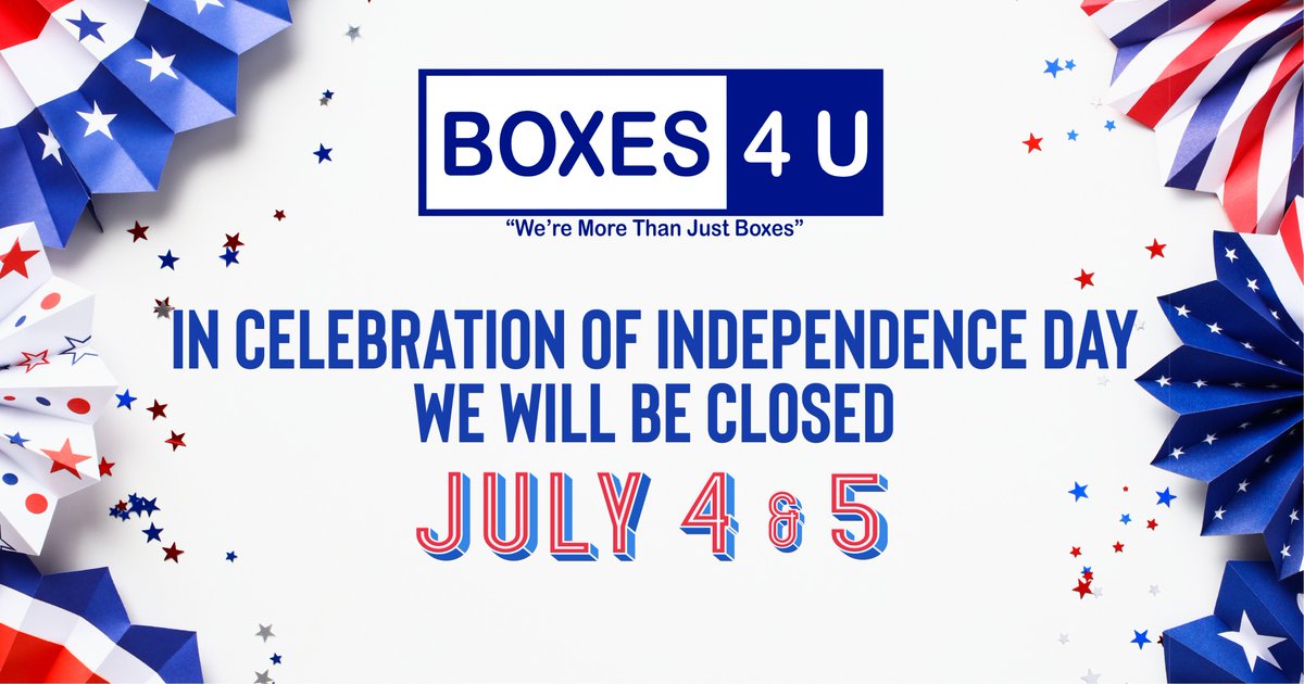 Boxes_4U's tweet photo. In celebration of INDEPENDENCE DAY, we will be closed on Friday, July 4 &amp; Saturday, July 5. Please plan orders accordingly. https://t.co/89e4oSYO9B
We're More Than Just #Boxes
#moving #shipping #packing #packaging #custom #custompackaging #dfw #dallastx #planotx #corrugated https://t.co/7h24fzm8WW