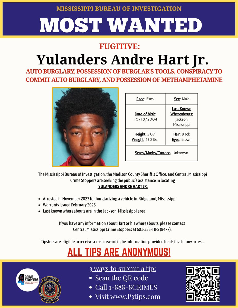 Have you seen Yulanders Hart Jr.? Denot'e Hart's brother, who was posted last week.

The Hart brothers are wanted for auto burglary, possession of meth, possession of a burglar's tools &amp; conspiracy to commit auto burglary.

📍His last known whereabouts are in Jackson, MS!