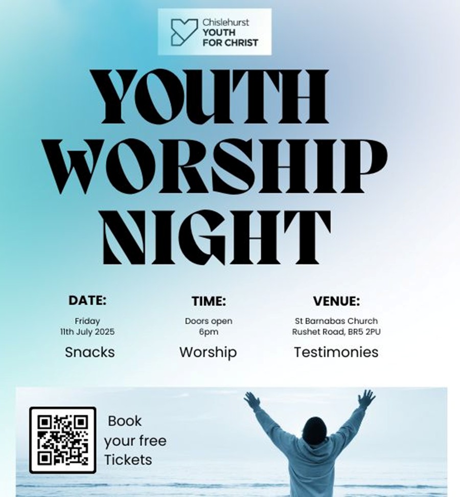 Chislehurst Youth for Christ invite you to join a youth worship night, led by young people, for young people.
We invite young people from churches across the community to come to praise God!
Use the QR code or book free tickets here: eventbrite.co.uk/e/youth-worshi…