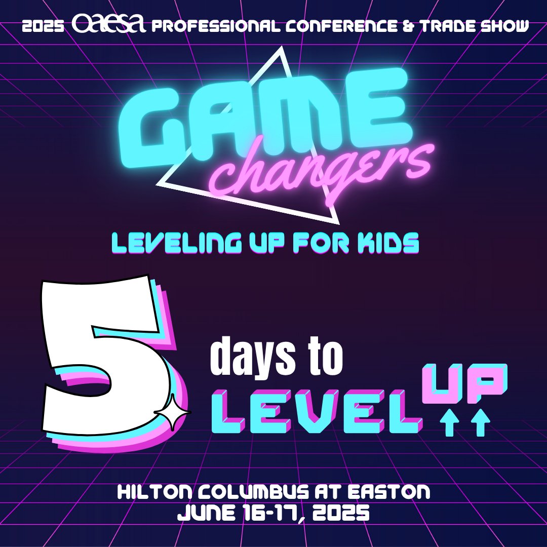 OAESA (@oaesa) on Twitter photo Only 5 days until we LEVEL UP together at OAESA’s 2025 Conference! 🚀 Get ready for powerful sessions, energizing keynotes, and connections that last long after the credits roll.
Let’s make it a high score for kids! Join us! oaesa.org/gamechangers/ Only 5 days until we LEVEL UP together at OAESA’s 2025 Conference! 🚀 Get ready for powerful sessions, energizing keynotes, and connections that last long after the credits roll.
Let’s make it a high score for kids! Join us! oaesa.org/gamechangers/