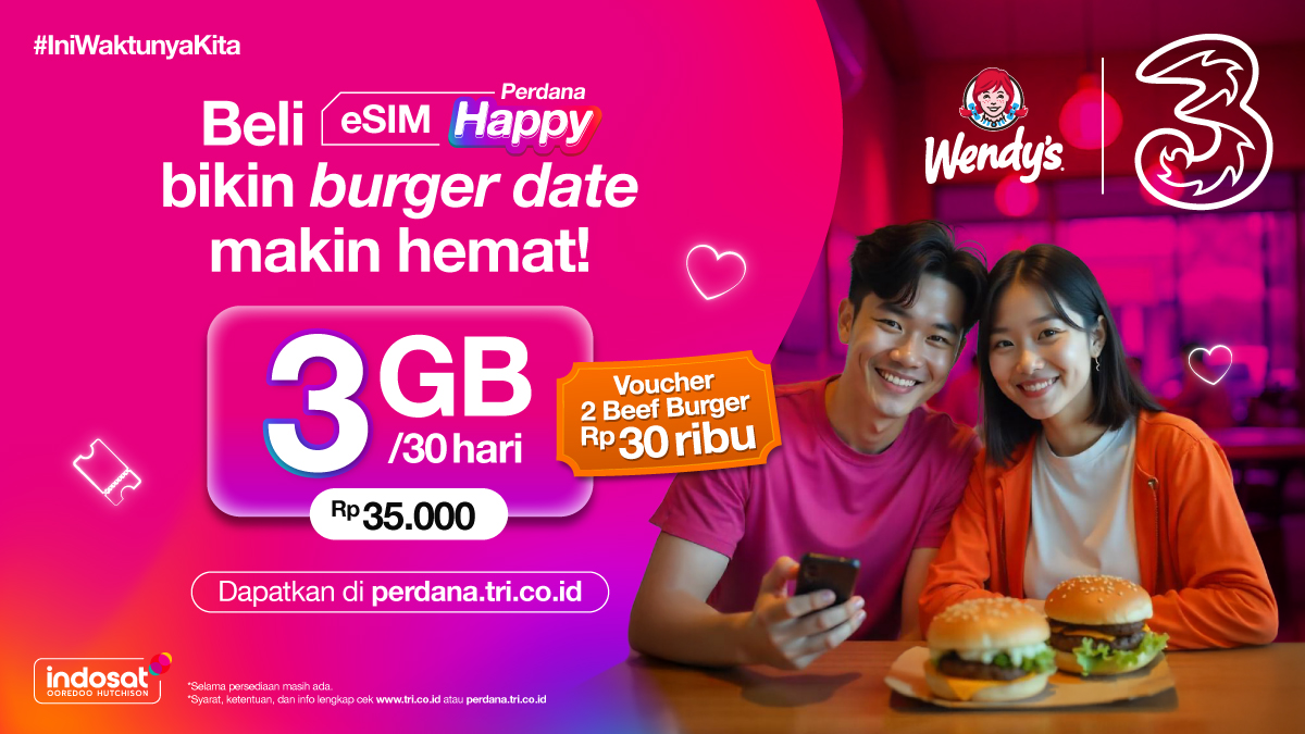 Gilaaaaaa, tak masuk logikaaaaa~ 

Bisa-bisanya #TriLebihHematSinyalCepat bikin promo semantepppp ini... 

Masa iya, tiap beli e-SIM Perdana #Happy bisa dapet voucher Wendy's buat makan burger 2 porsi.

Soooo, #IniWaktunyaKita beli Perdana #Happy di perdana.tri.co.id/beliperdana?ut… buat