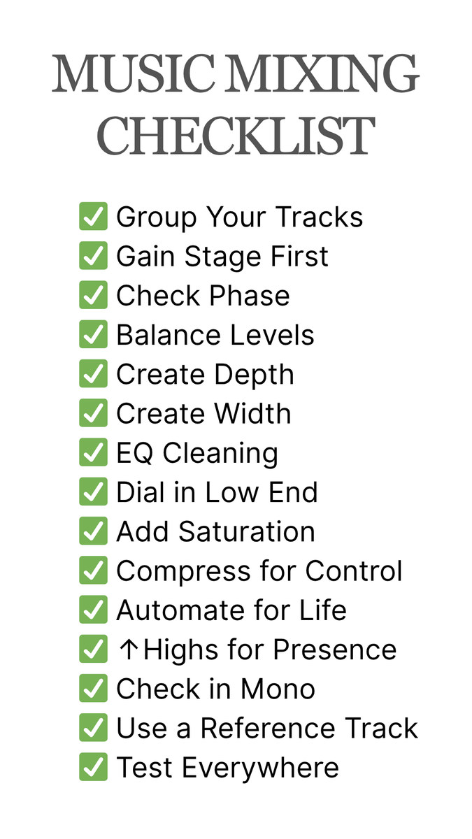 jordiponsdotme's tweet image. Lately, I’ve been learning to mix music.
And it feels overwhelming when you are a beginner.
Following this checklist helped me.
With this list you don’t need to remember everything. Just need to do what’s next.
Details and a PDF of the checklist in:
artintech.substack.com/p/mixing-music…