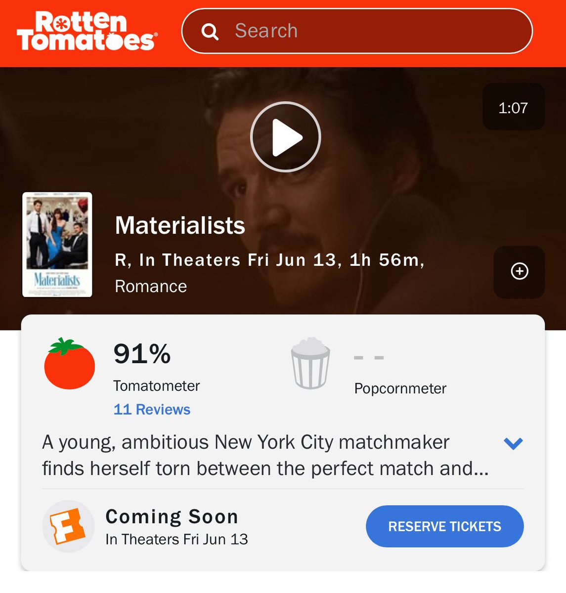 Фильм Селин Сонг «МАТЕРИАЛИСТЫ» с Дакотой Джонсон, Крисом Эвансом и Педро Паскалем дебютировал с рейтингом 91% на Rotten Tomatoes.

Премьера в России 19 июня.