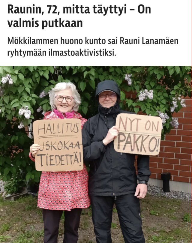 Rauni 72 ja miehensä Yrjö 71 matkasivat Seinäjoelta Helsinkiin, Elokapinan tämänpäiväiseen mielenosoitukseen.

Jopa kansanedustajien harjoittama hysteerinen kiihkoilu Elokapinasta rikollisjärjestönä tuntuu vielä säälittävämmältä kuin aiemmin. Sori vaan.
iltalehti.fi/kotimaa/a/d0e4…