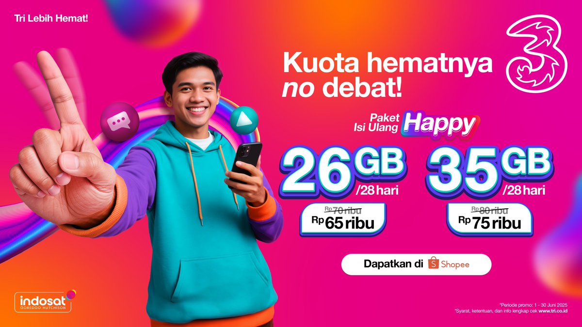 Mau heran, tapi #TriLebihHematSinyalCepat selalu banyak promonya!

Nih salah satunya, kamu bisa hemat 5 ribu lho tiap isi ulang paket #Happy 26GB dan 25GB di aplikasi Shopee.

Klik tri.co.id/happyecommerce  dan checkout sekarang, internetan hematnya beneran no debat!